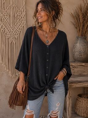Waffle Knit Black Button-Front Tie Hem Shirt - Women's